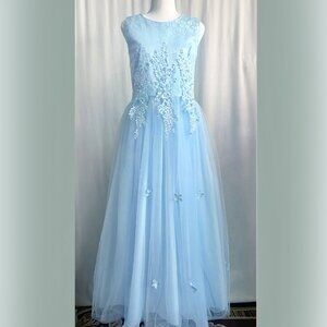 Light blue tutu dress, long, maxi, with lace front decor. Size M